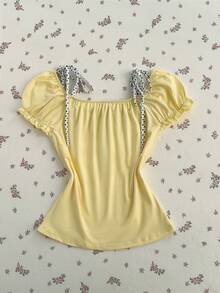 Elamini Women's Short Sleeve Fitted Polka Dot Splice Tie Front Casual T-Shirt - Yellow - View 2