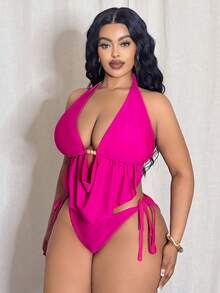 Slaydiva Plus Size Fuchsia Casual Vacation Halter Tankini Set With Cover-Up Skirt - Hot Pink - View 5