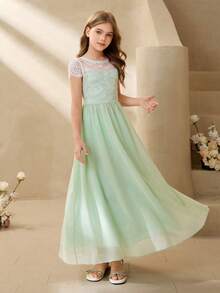 Girls' Lace Patchwork Chiffon Flower Girl Long Dress, Waist Cinched, Suitable For Weddings, Parties, Birthdays, Banquets, All Seasons Junior Bridesmaid Dress Teen Girls Elegant Dress Pastel Colour Dress For Tween Girls Tween Girls Elegant Bridesmaid Lace Long Dresses For Tweens Elegant Dresses For Girls Girls Lace Dress Prom Dress For Tweens Kids Formal Dress Prom Dress For Kids Girls Formal Dress Dresses For 12 Yrs Old Tween Formal Dress - Green - View 4