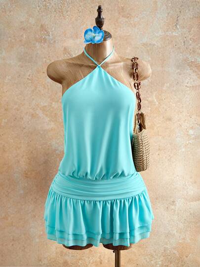 Mistrie Women's Solid Color Halter Tie Ruched Fashionable Date Mini Dress