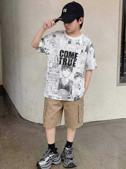 2pcs Tween Boy Comfortable Loose Round Neck Korean Style Graphic Tee And Contrast Trim Cargo Shorts Set, Suitable For Summer Casual, Sports, Vacation, Party, School, Fashion Street Style