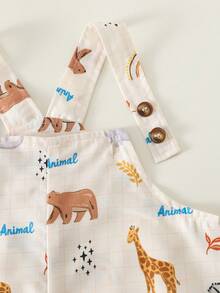 SHEIN 2件套男女宝宝通用休闲可爱蓝色T恤上衣和动物纹格子背带裤套装，夏季服装 - 彩色 - 查看 6