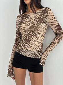 Aloruh 女士优雅露背动物纹T恤，春季女装，女士外出上衣，夏季度假 - 彩色 - 查看 2