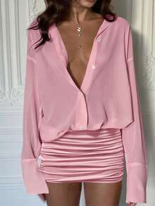 Cévolie 2025新款女装纯色落肩褶皱迷你连衣裙 - 粉色 - 查看 1