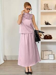 Siren Gaze Women's Pink,Summer,Elegant,Wedding Ninang Mandarin Collar Tank Top And Skirt 2-Piece Set,Mauve Modest Formal Outfits,Ladies Casual 2 Pieces Skirt - Pink - View 6
