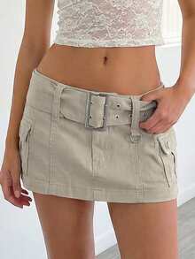 SHEIN ICON Chân váy denim ngắn cạp thấp thắt lưng phong cách thường ngày mùa hè dành cho nữ - Màu be - Xem 4