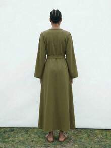 Maija 女士纯色简约长袖连衣裙，休闲日常穿着 - 軍綠色 - 查看 2