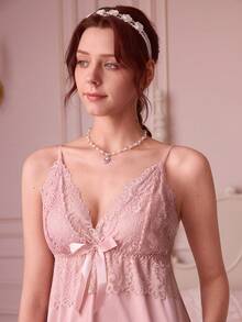 SilkySpell 蕾丝拼接蝴蝶结前吊带背心和短裤睡衣套装/睡衣套装 - 淺粉色 - 查看 6