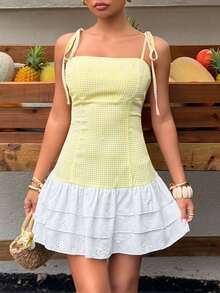 Sweetra 春夏清新甜美格子吊带系腰修身荷叶边下摆女式连衣裙，适合日常穿着和约会。 - 黃色 - 查看 3