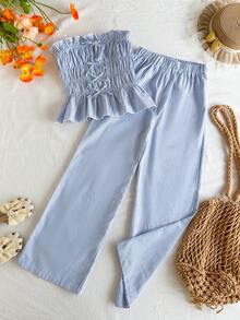 Travachic KIDS Tween Girl Vacation Casual Blue & White Striped Tube Top And Elastic Waist Pants Set - Multicolor - View 3