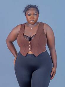 CurvyTilda 大碼前紐扣夾克背心 - 咖啡棕 - 查看 6