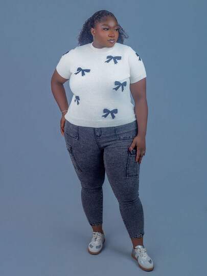 CurvyTilda Plus Size Casual Elegant Bow Jacquard Knit Crewneck Sweater Winter Fall Autumn