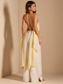 SHEIN BAE Women's Solid Yellow Spaghetti Strap Backless Asymmetrical Hem Minimalist Satin Blouse, Casual Wear,Women's Social Blouse - Yellow - View 1