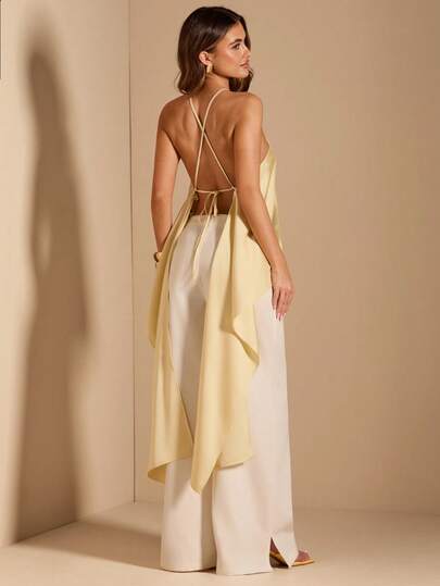 SHEIN BAE Women's Solid Yellow Spaghetti Strap Backless Asymmetrical Hem Minimalist Satin Blouse, Casual Wear,Women's Social Blouse