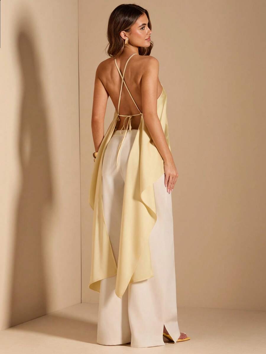 SHEIN BAE Women's Solid Yellow Spaghetti Strap Backless Asymmetrical Hem Minimalist Satin Blouse, Casual Wear,Women's Social Blouse - Yellow - View 1
