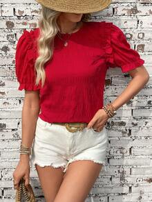 SHEIN Holidaya Casual Vacation Spring/Summer Basic Round Neck Keyhole Button Design Puff Sleeve Shoulder Line Sleeve Cuff Ruffle Pleated Workmanship Sweet Commuting Spring Style Women Blouse - Red - View 6
