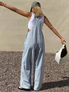 DAZY Bộ áo liền quần nữ kẻ sọc, quần yếm denim dáng rộng và áo liền quần - Rửa nhẹ - Xem 6