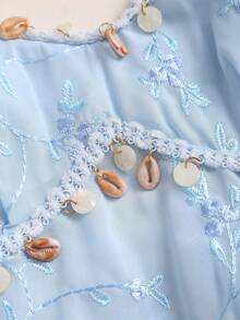 Sweetra Women's New Fashion Ruffled Sleeve Embroidered Jacquard Mesh Fabric Blouse - Dusty Blue - View 8