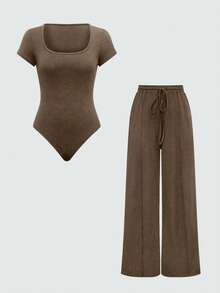 Olithes 女士夏季純色短袖連體衣和高腰系帶寬腿褲休閒兩件套裝 - 咖啡棕 - 查看 8