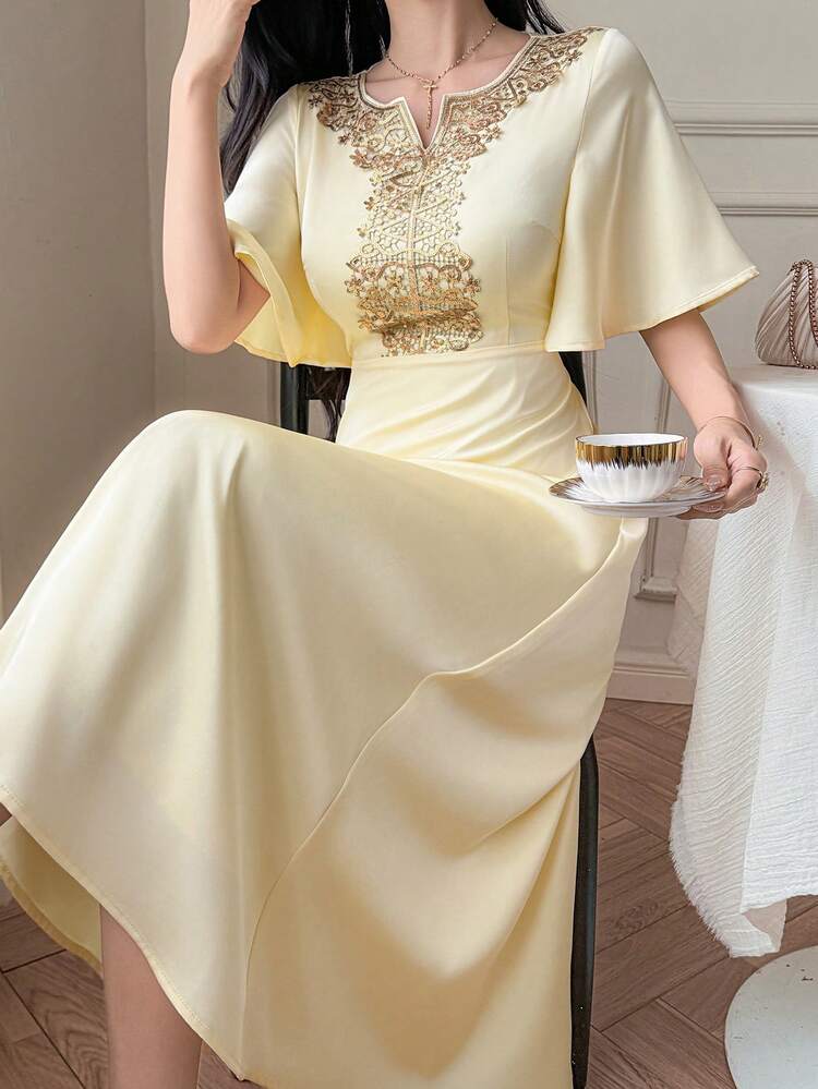 Women's Elegant Lace Patchwork Ruffle Sleeve Mid-Length Dress, Summer