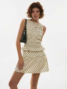 Poéselle Women's 2ps Retro Polka-Dot Smocked Peplum Tank & A-Line Mini Skirt Co-Ord Set – Playful Summer Brunch & Vacation Look Polka Dot Two Piece Set, Smocked Top, Mini Skirt Outfit, Summer Co-Ord, Retro Polka Style, Vacation Matching Set, Playful Brunch Look Polka Dot Print Pleated Sleeveless Top And Skort Casual Suit Women's Summer Set  Beach Set Vacation Outfits Women Polka Dot Set - Apricot - View 5
