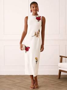 Lilora Women's Elegant Round Neck Applique Dress - White - View 6