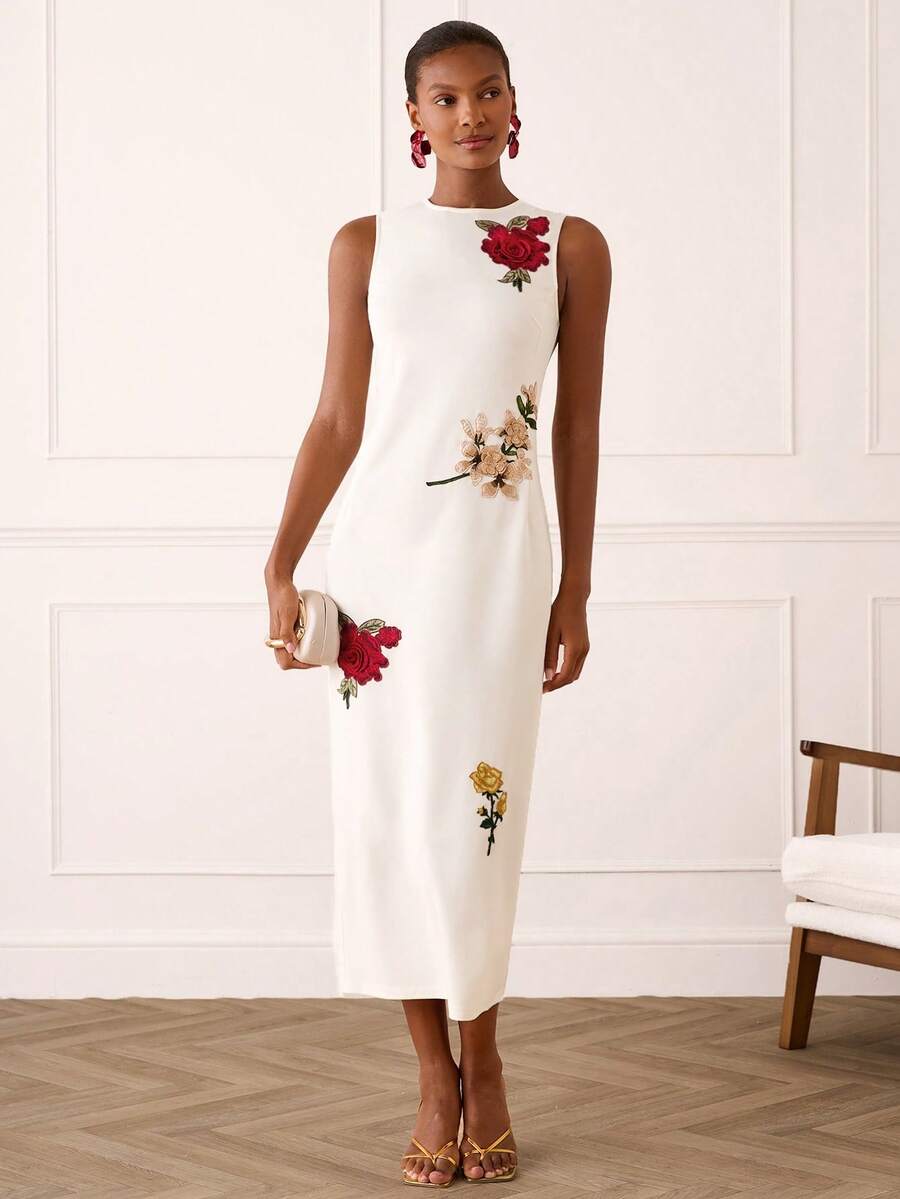 Lilora Women's Elegant Round Neck Applique Dress - White - View 1