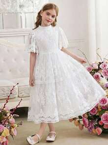 SHEIN 少女款网纱刺绣蕾丝花边荷叶袖束腰优雅连衣裙，公主裙，适合婚礼、派对、毕业典礼、节日、春假、情人节、花童等场合。 - 白色 - 查看 8