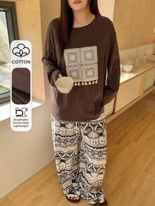 Dazy Plus 2pcs/Set Floral Print Loose Long Sleeve Top And Long Pants Pajama Set, Plus Size Women Spring/Autumn - Brown - View 1