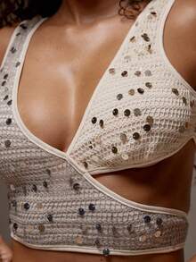 MUSERA Contrast Sequin Crochet Plunge Fitted Crop Top Spring Summer Holiday Vacation Beach Ibiza Festival Party Elegant Divinity - Multicolor - View 6