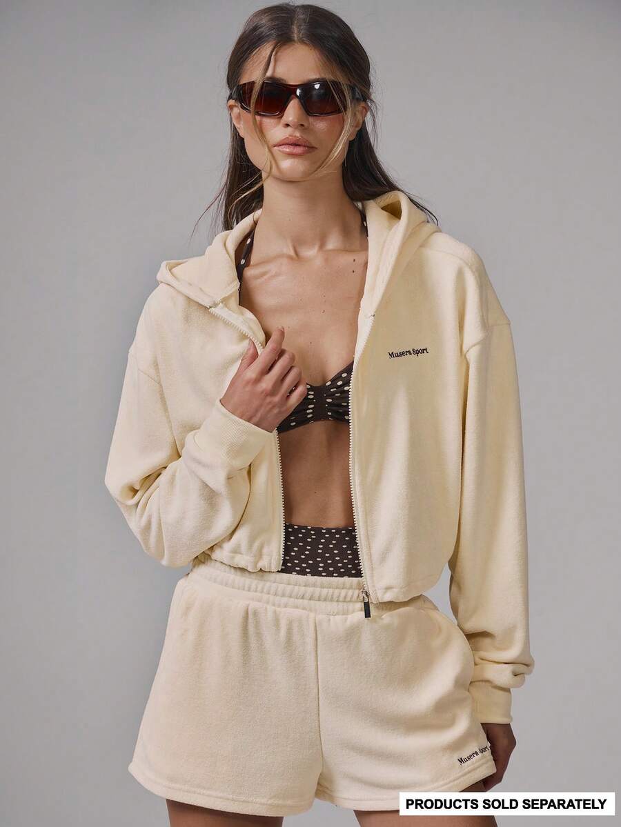 Musera Sport Towelling Cropped Zip Hooded Active Co-Ord Sport Jacket Only Workout Gym Pilates Fitness Daily Casual Banana Pudding - Pale Yellow - View 1