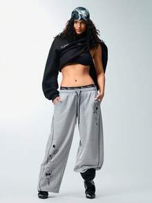 Rick and Morty X SHEIN Women's Drawstring Waist Pocket Tapered Casual Pants, - Light Grey - View 4