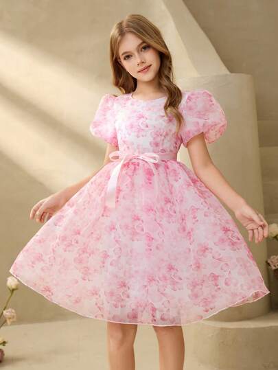 Elegant Flower Tween Girl Dress For Graduation, Wedding, Ball, Featuring Pink Organza Digital Printed Round Neck Puff Sleeve Cake Skirt With Big Hem, Middle & Big Girls Party Dress, Fashion Puffy Princess Dress For Back To School