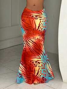 BamGleam Women's Vacation Printed Pattern Fitted Mermaid Skirt - Orange - View 7