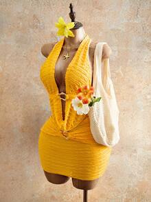 Mistrie 女士度假纯色纹理垂褶领吊带背心和紧身迷你裙性感两件套 - 黃色 - 查看 6