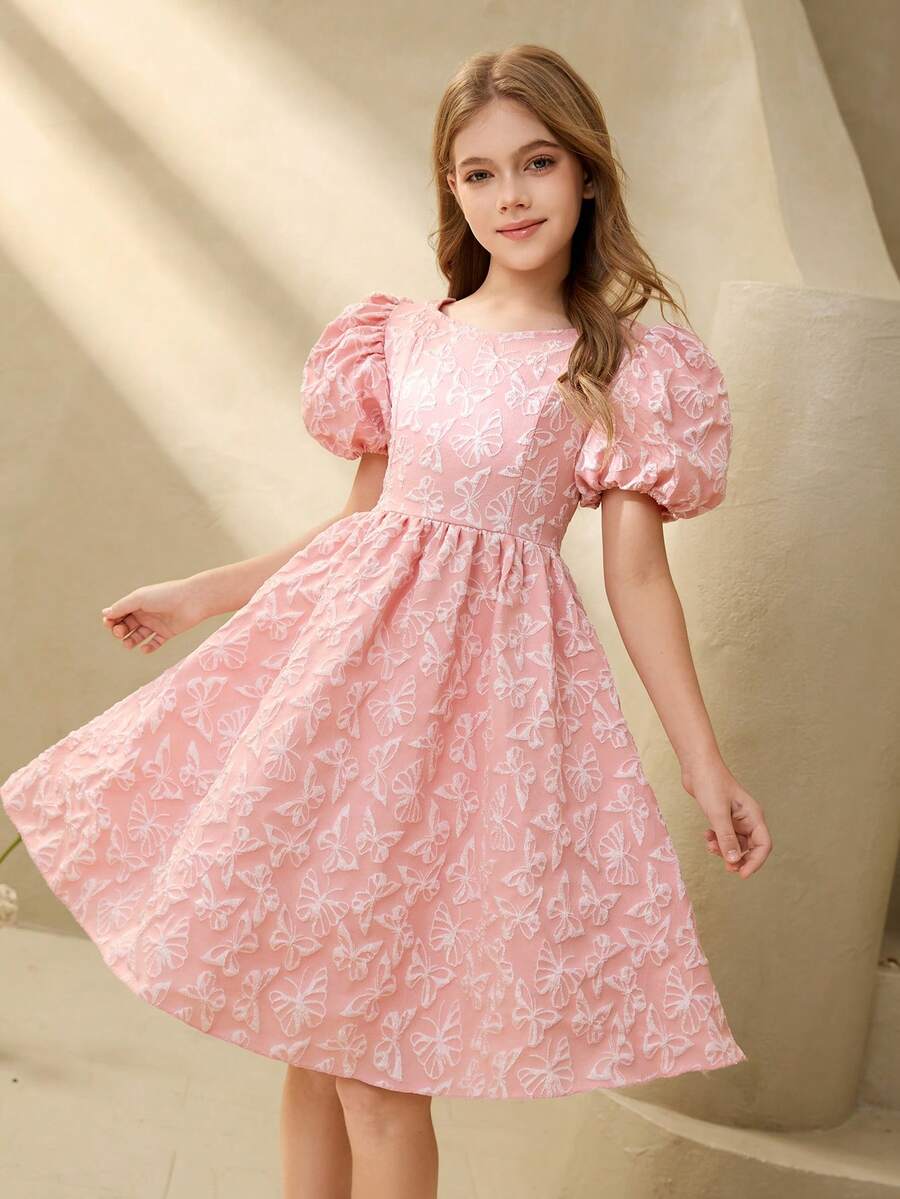 Tween Girl Butterfly Jacquard Round Neck Petal Sleeve Cute Dress - Pink - View 1