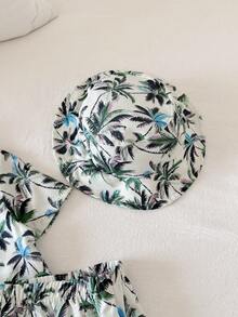 SHEIN Bộ 3 món: Áo sơ mi in hình cây dừa, quần short và mũ tai bèo cho bé trai mùa hè, kiểu dáng thường ngày đi nghỉ mát. - Nhiều màu - Xem 5