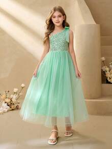 女童优雅绿色亮片网纱单肩蝴蝶结长款修身连衣裙，适合晚宴、圣诞节、万圣节、婚礼、花童、舞会、毕业典礼、节日等场合。 - 綠色 - 查看 8