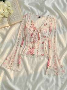 SHEIN MOD Women's Elegant Floral Print Tie Front Flare Sleeve T-Shirt,Summer,Vacation Outfits, Retro, Vintage,Country Outfits,  Going Out,Teacher Outfits For Women,Date, Picnic, Party, Prom, Festival,Birthday Wear, Cottagecore T-Shirt,Tea Party T-Shirt,French StyleT-Shirt,Floral Print T-Shirt,Spring Break Outfits,Music Festival Outfits, - Multicolor - View 2