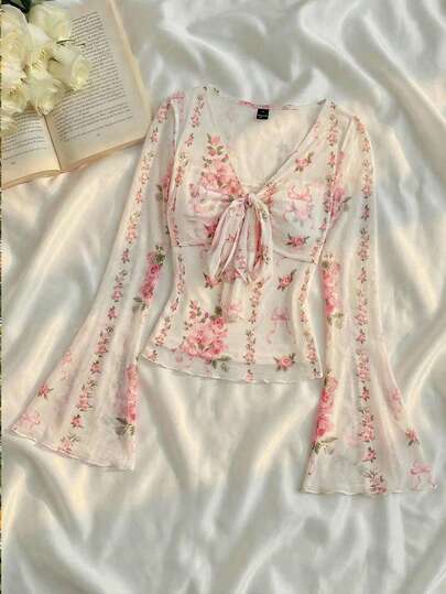 SHEIN MOD Camiseta de mujer con estampado floral elegante y manga acampanada con lazo delantero