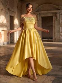Aureia Plus Size Elegant Romantic Off-Shoulder Light Yellow Sweetheart Neckline Luxury Beaded Patchwork Wedding Dress, Short Front Long Back A-Line Silhouette, Suitable For Wedding, Party, Celebration, Formal Ball Gown Off Shoulder Formal Dress Yellow Wedding Guest Dress Yellow Cocktail Dress - Yellow - View 8