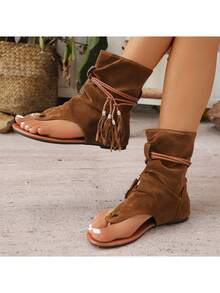 Lumivelle Women's Brown Boots 2024 New Retro Round Toe Tube Boots Fashionable And Versatile Thong Tassel Roman High Top Shoes - Brown - View 5