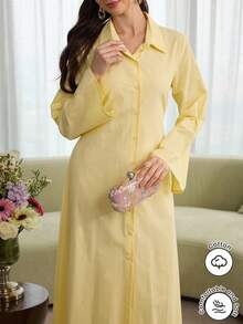 Al Najma Đầm sơ mi màu vàng cổ bẻ tay loe, lưng hở, thắt eo. - Màu vàng - Xem 7