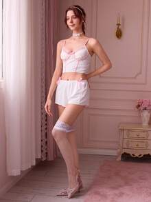 Bonmuse Contrast Lace Bow Fronts PJ Set / Pajama Set White Set Bow Tie - White - View 6