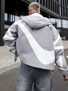 Artur Kramer Contrast Color Patchwork Design Men's Hooded Long Sleeve Jacket, Light Windbreaker Y2k Techwear Jacket - Grey - View 2