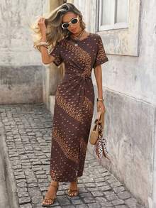 Brillora Đầm midi ngắn tay, cổ tròn, thắt nút, họa tiết in toàn thân, dành cho nữ, phong cách thường ngày. - màu nâu - Xem 7
