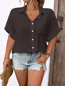 Elenzga Plus Size Solid Color Turndown Collar Button Front Casual Short Sleeve Shirt - Coffee Brown - View 4