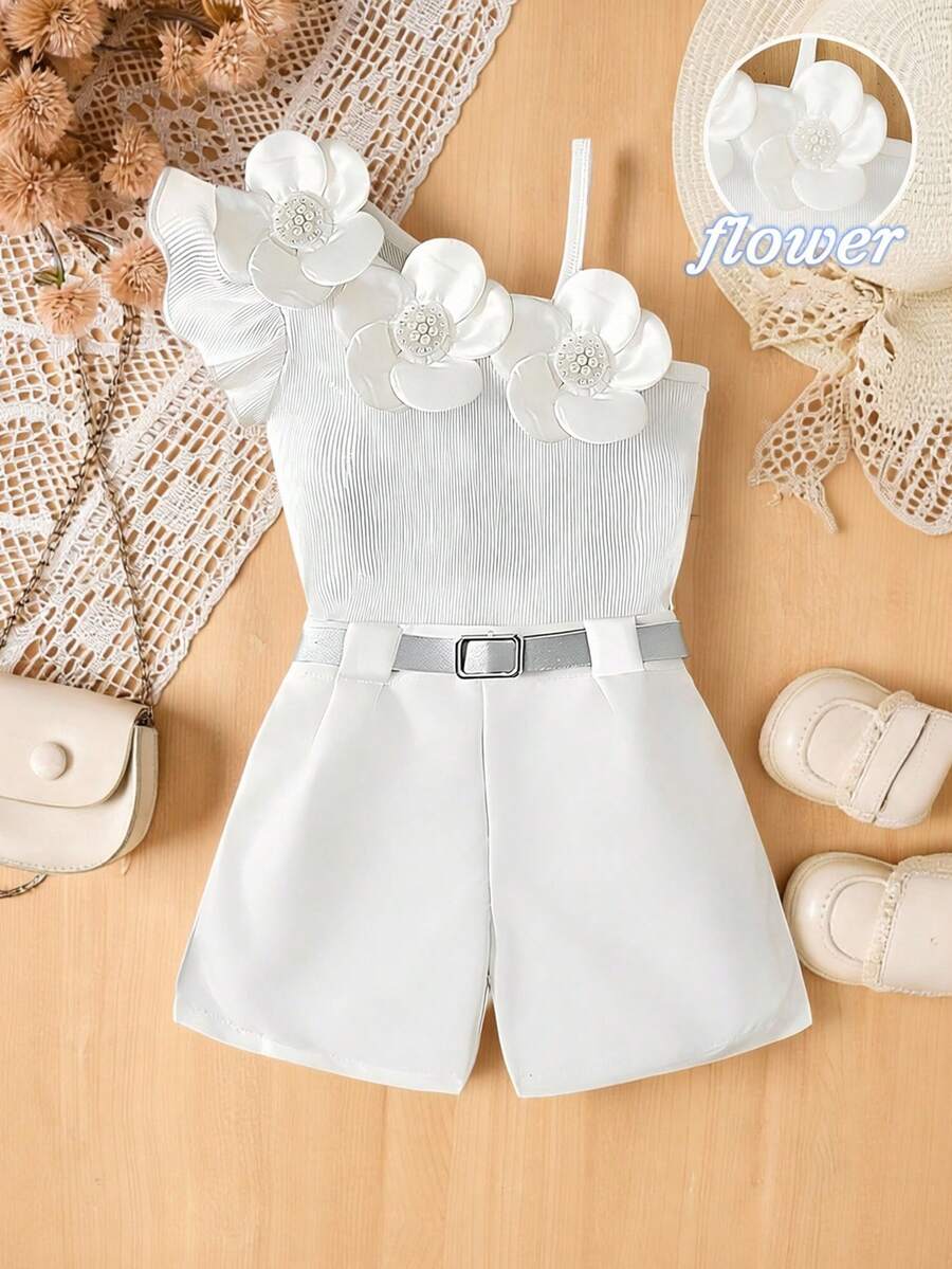 SHEIN Elladie kids 女童（小号）白色背心套装，春夏款，白色背心上衣饰有珍珠和3D花朵，搭配白色纯色短裤，简约优雅，适合通勤、上学、外出、聚会、度假等场合。