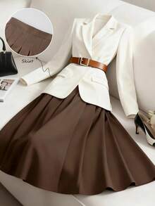 GlowEve 女士单扣西装外套套装，包含一件A字裙和一件单扣西装外套，优雅休闲通勤时尚法式街头复古商务度假套装，杏色西装外套搭配棕色半裙，秋冬季两件套西装。 - 彩色 - 查看 1