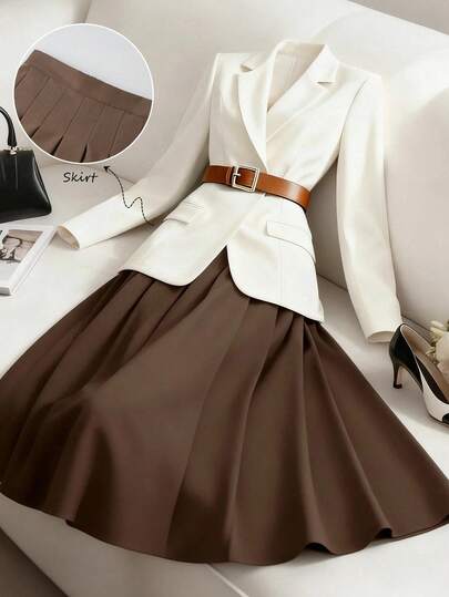 GlowEve 女士单扣西装外套套装，包含一件A字裙和一件单扣西装外套，优雅休闲通勤时尚法式街头复古商务度假套装，杏色西装外套搭配棕色半裙，秋冬季两件套西装。